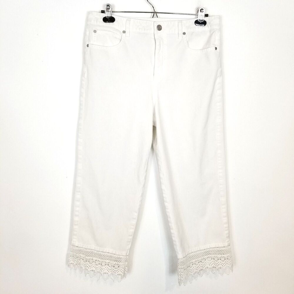 Soft Surroundings White Cropped Pants with Lace Hem
